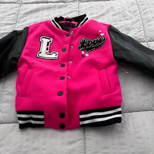 Vibrant Pink and Black Kids Varsity Jacket